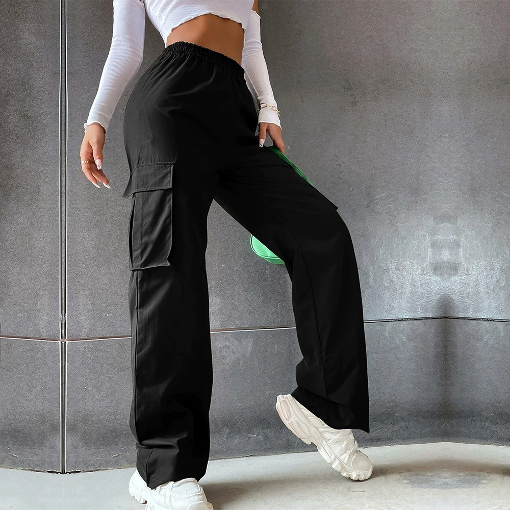 H&M Street Style Solid Elastic Waist Pocket Casual Cargo Pants In Stock
